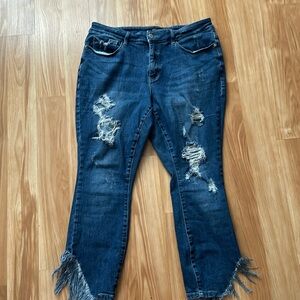 Judy Blue Jeans High Rise Ridge Hem  skinny jeans Medium Blue Fringe ankle  16W